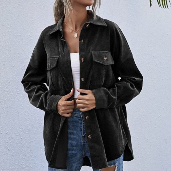 black Boyfriend oversized Button Front Corduroy sh - Picture 4 of 7